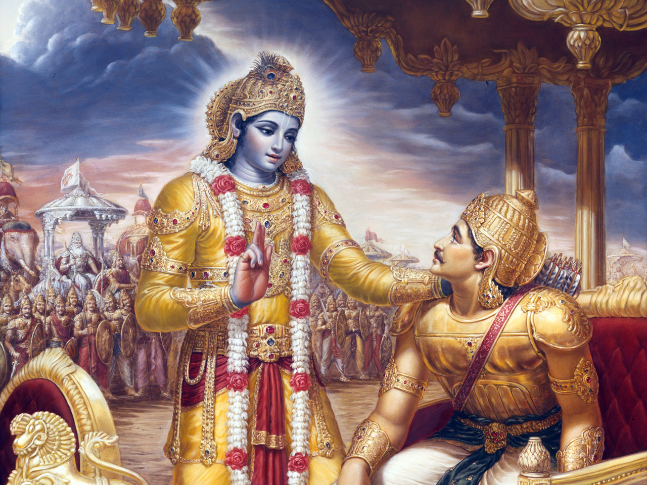 Krishna counselling Arjuna on the battlefield of Kurukshetra